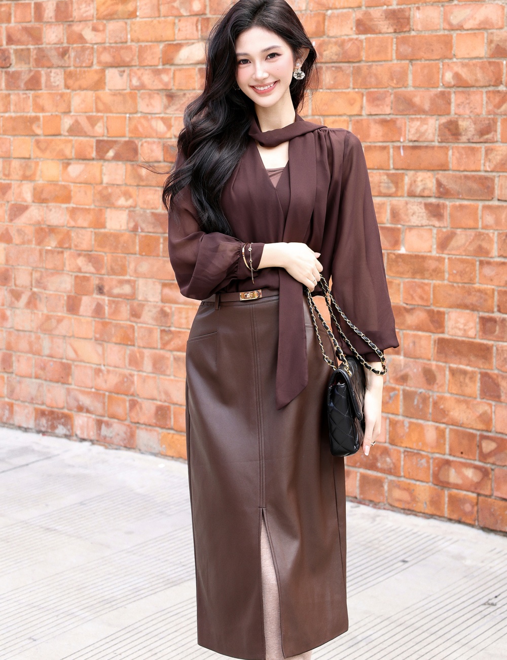 Temperament France style skirt chiffon split shirt 2pcs set