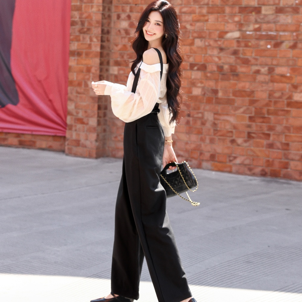 Sloping shoulder bib pants shirt 2pcs set - Image 3