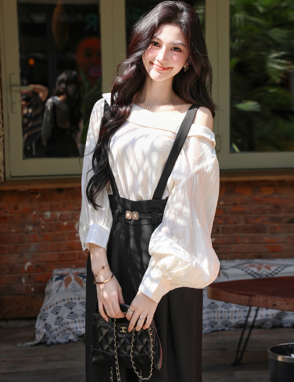 Sloping shoulder bib pants shirt 2pcs set - Image 4
