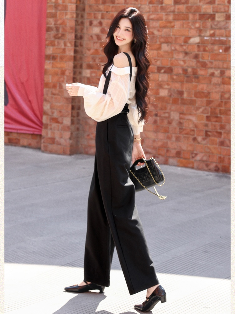 Sloping shoulder bib pants shirt 2pcs set - Image 5