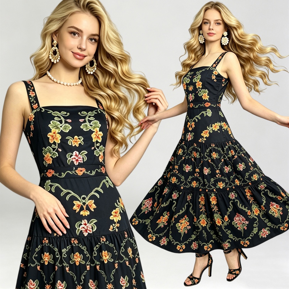 Sling printing A-line dress slim summer high waist vest