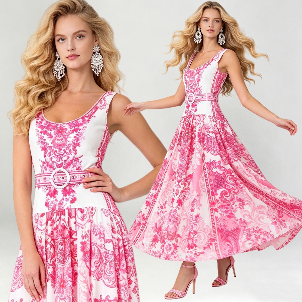 Fashion slim round neck dress big skirt A-line long dress