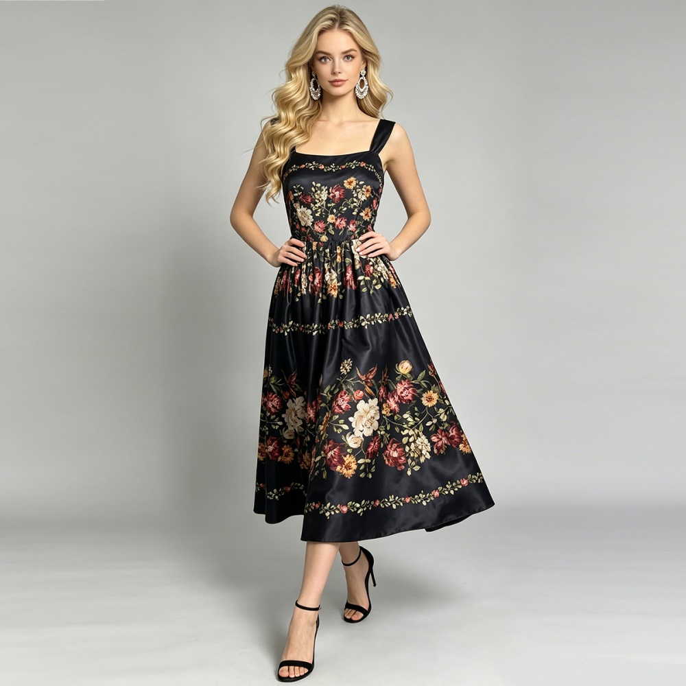 Printing sling A-line dress summer high waist slim vest - Image 2