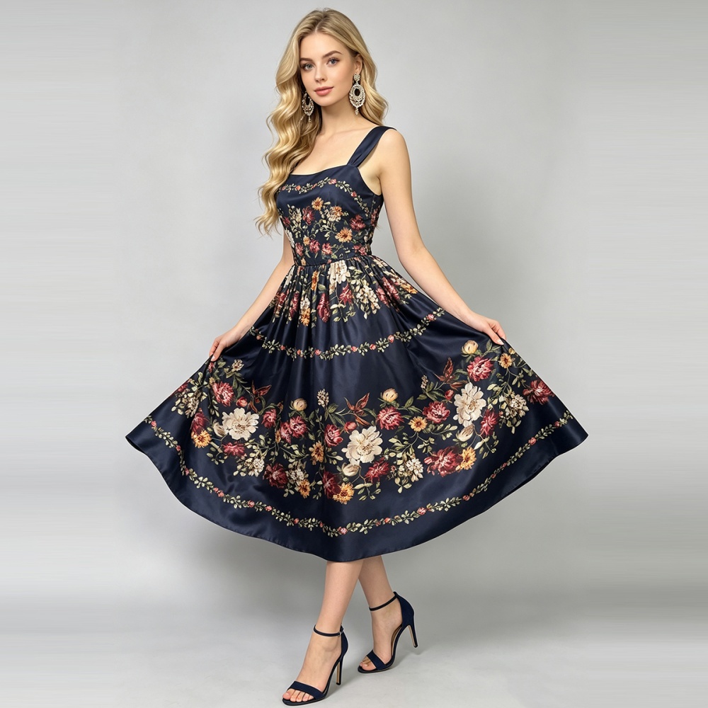 Printing sling A-line dress summer high waist slim vest - Image 3