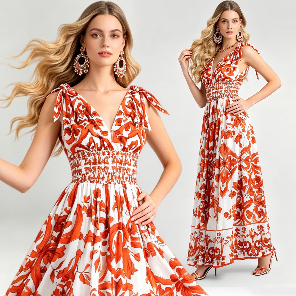 Big skirt elastic high waist printing V-neck sexy dress