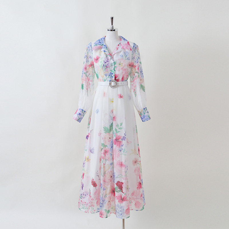 Printing autumn retro shirt long court style dress
