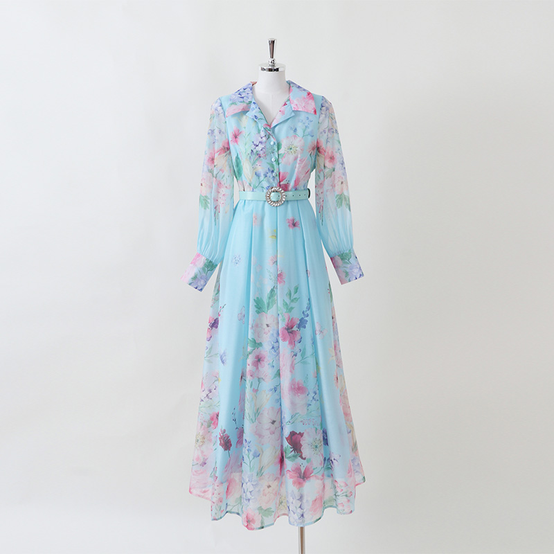 Printing autumn dress court style retro shirt