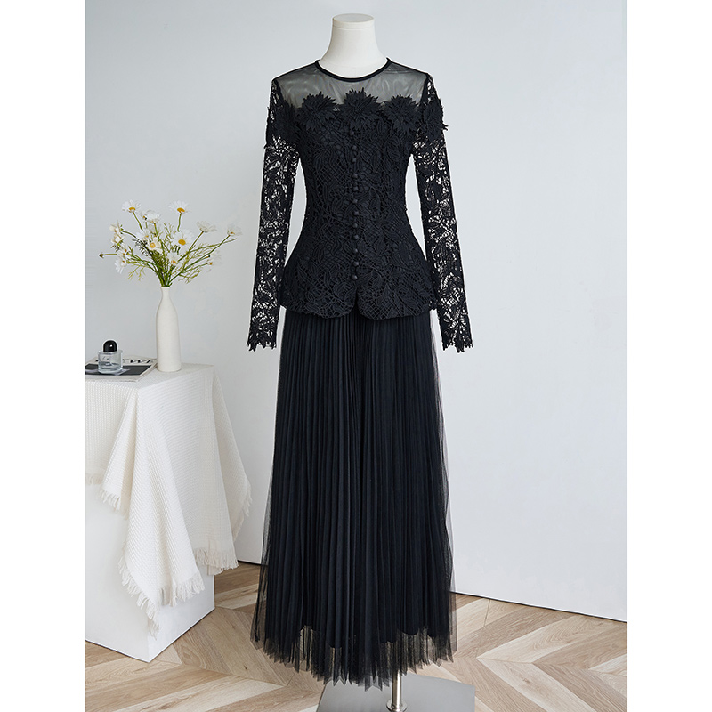 Gauze stereoscopic pinched waist tops jacquard slim skirt