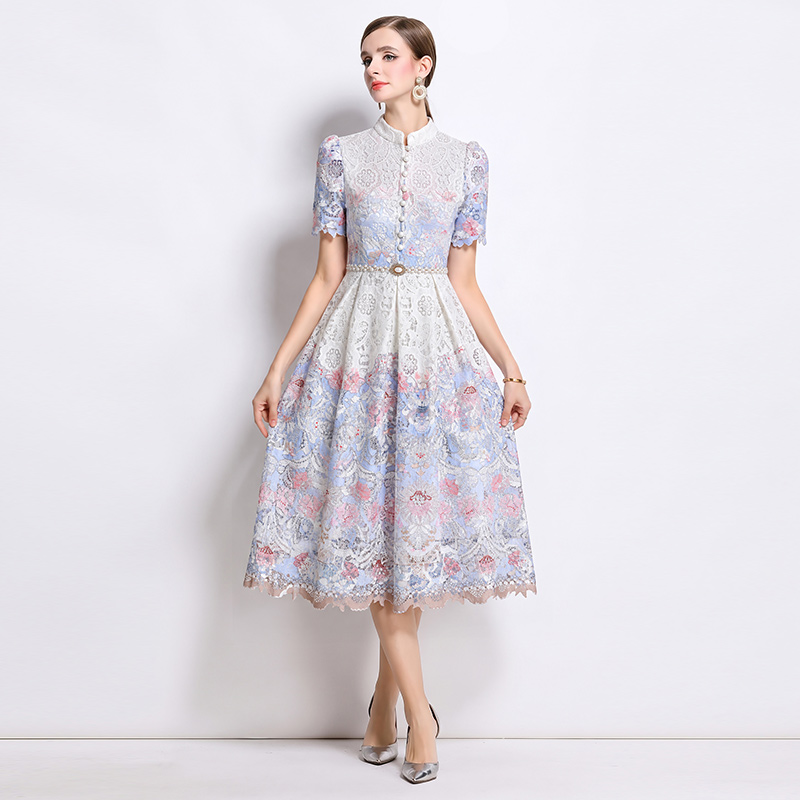 Long slim short sleeve fashion lace hollow dress