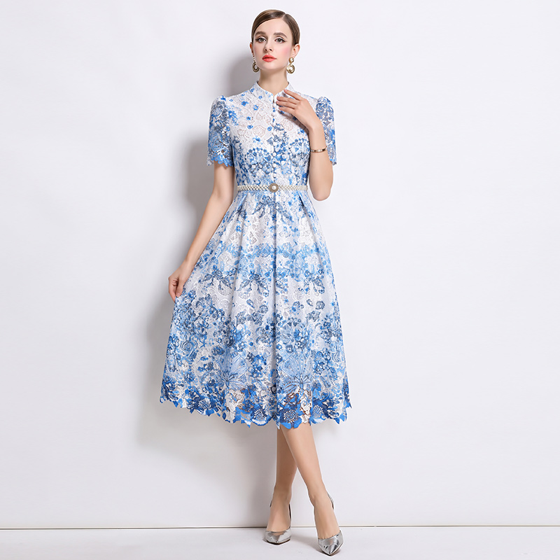 Fashion long hollow short sleeve lace slim dress
