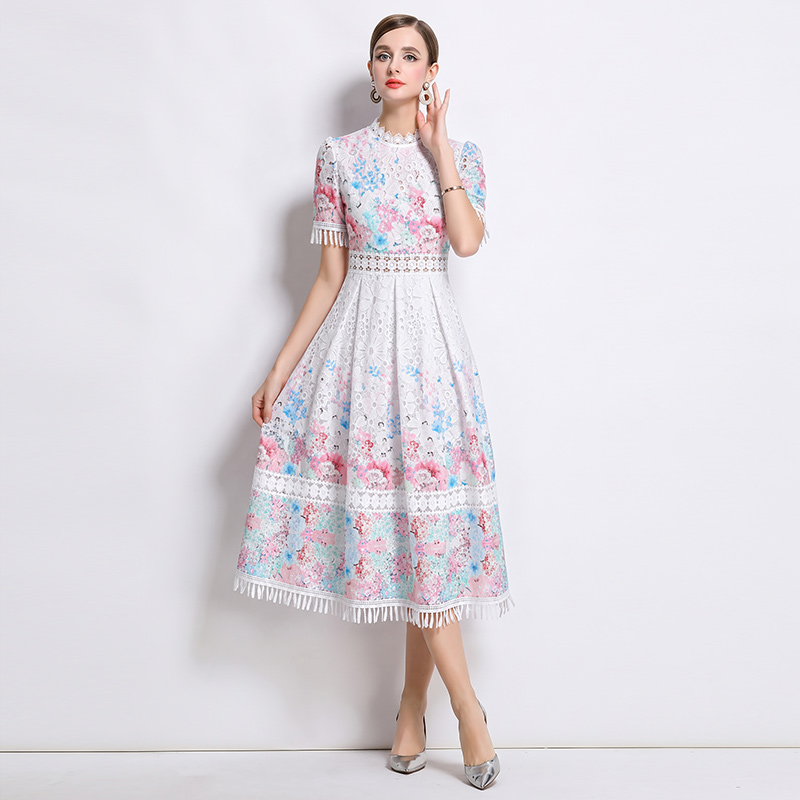 Tassels hollow long slim lace collar lace fashion dress