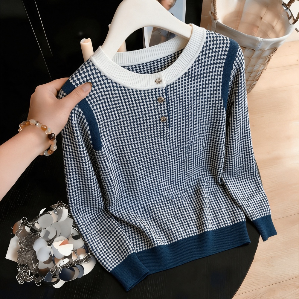 Black-white loose tops long sleeve plaid sweater for women - Image 2
