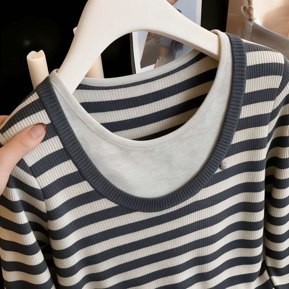 Dark-gray long sleeve sweater stripe tops for women - Image 2