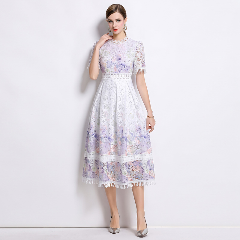 Lace collar lace tassels hollow long fashion slim dress