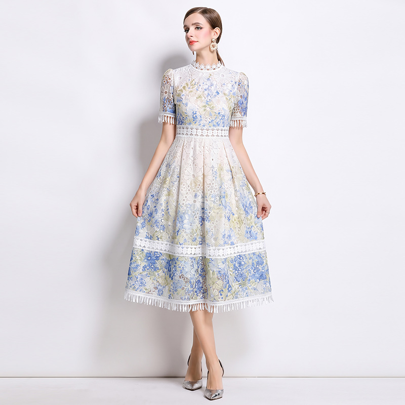 Fashion slim lace lace collar long hollow tassels dress