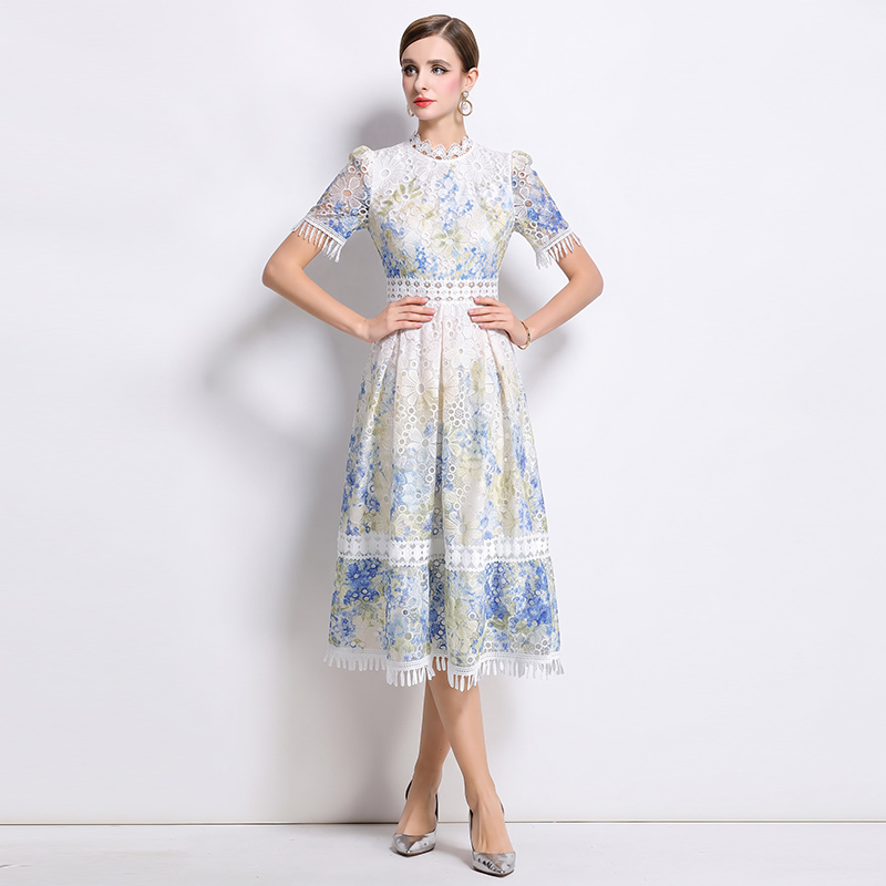 Fashion slim lace lace collar long hollow tassels dress - Image 2