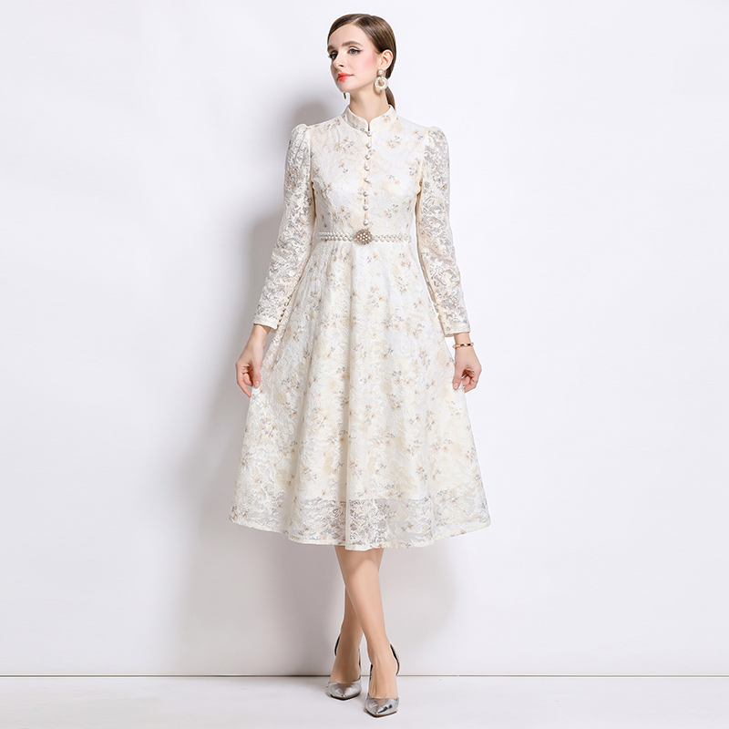 Long jacquard temperament slim lace dress