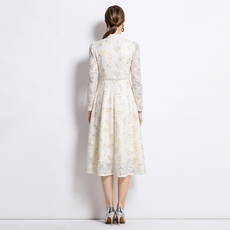 Long jacquard temperament slim lace dress - Image 2