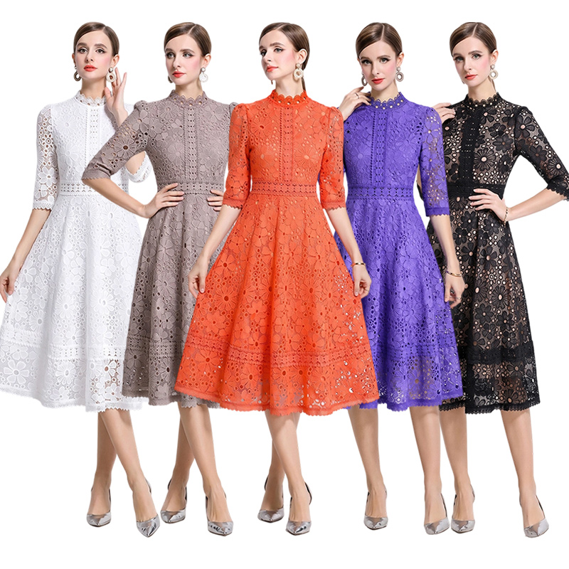 Hollow slim long short sleeve lace dress