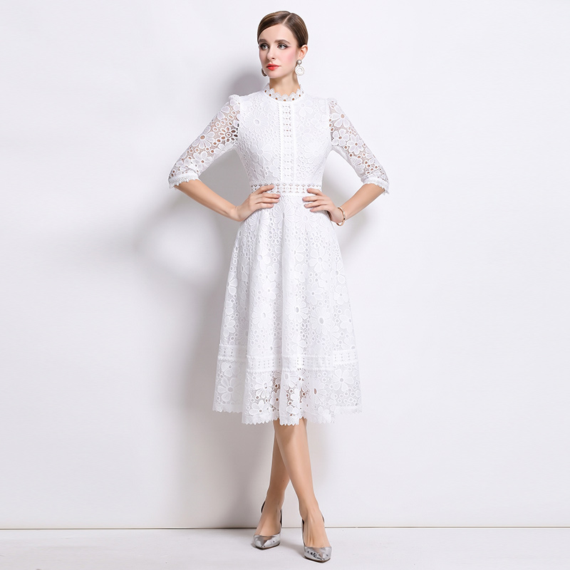 Hollow slim long short sleeve lace dress - Image 5