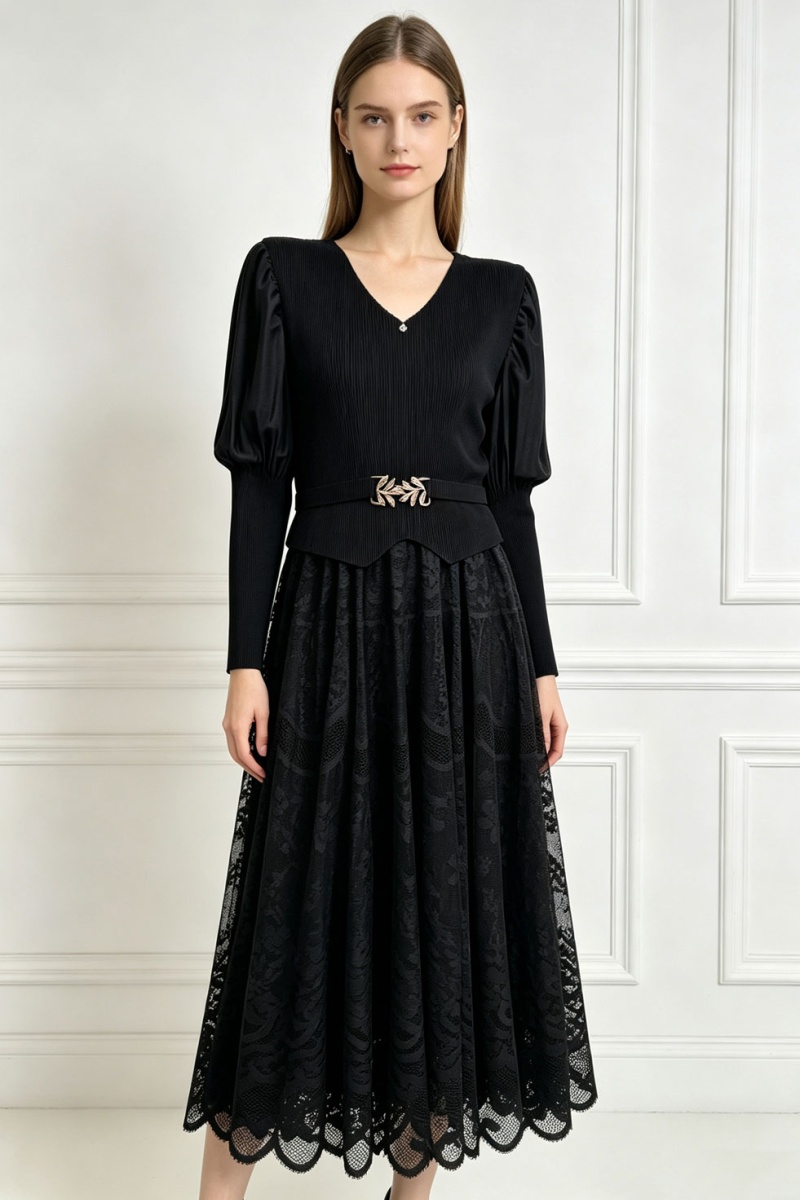 Lantern sleeve long dress pinched waist dress for women