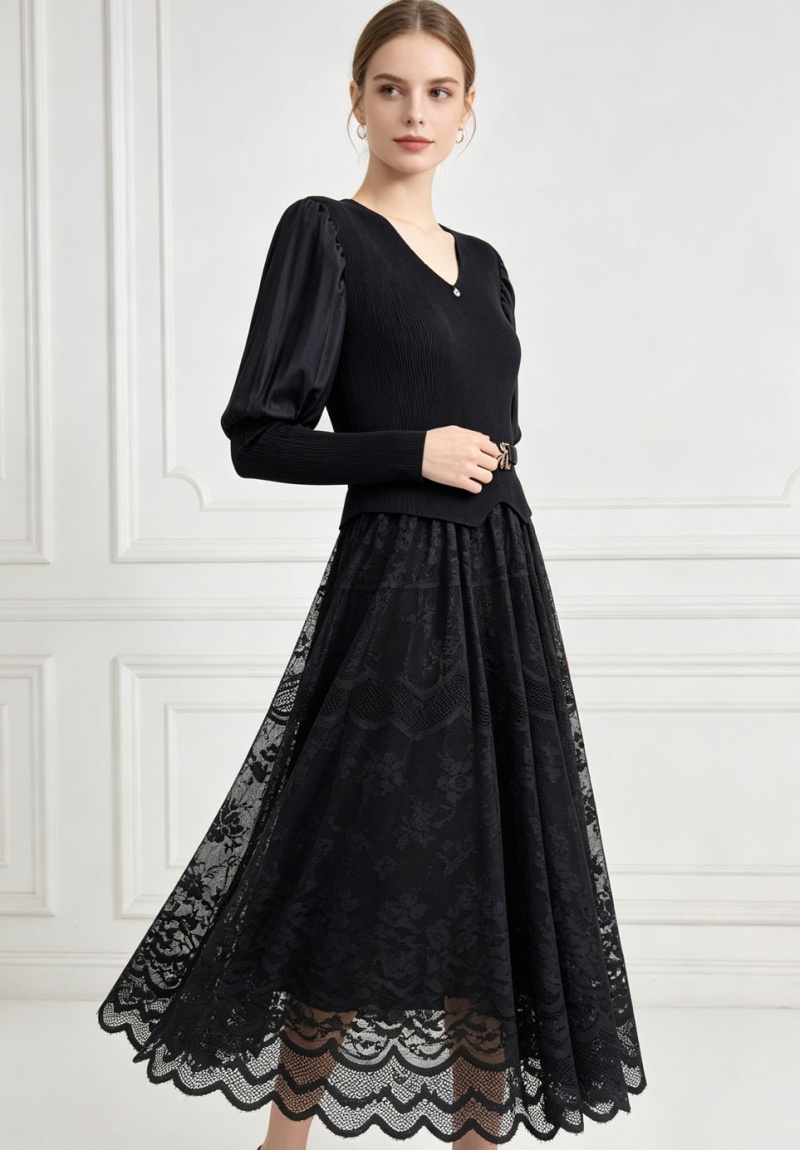 Lantern sleeve long dress pinched waist dress for women - Image 2