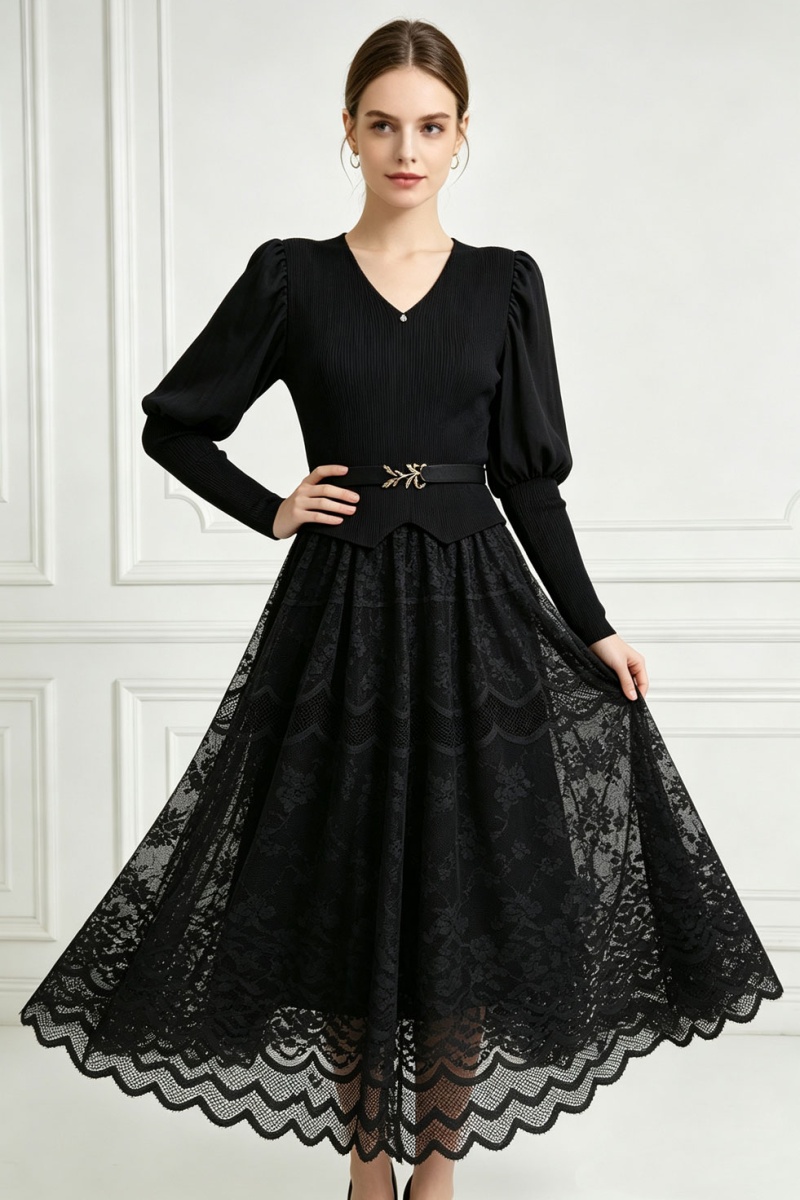 Lantern sleeve long dress pinched waist dress for women - Image 3