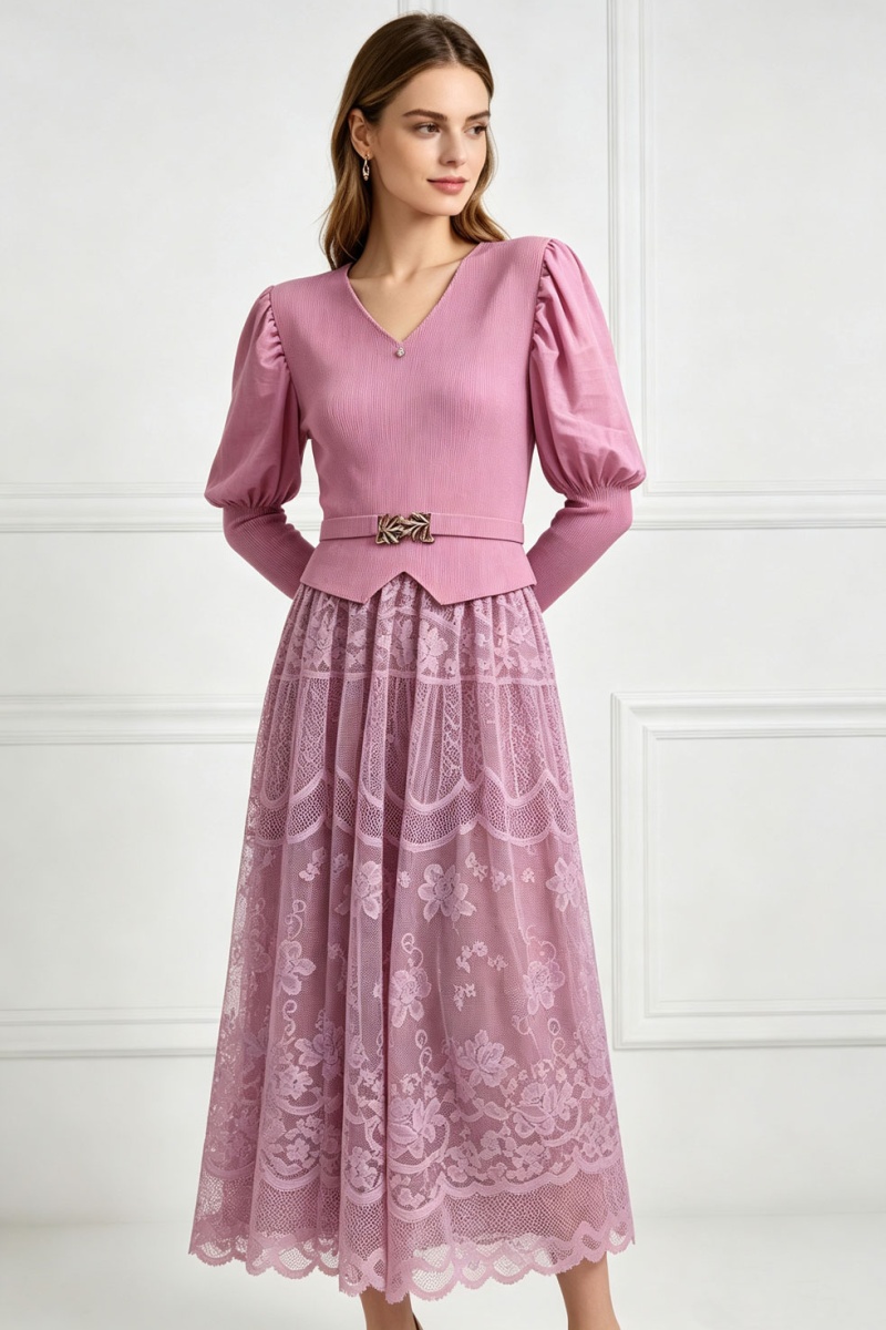 Lantern sleeve long dress pinched waist dress for women - Image 5