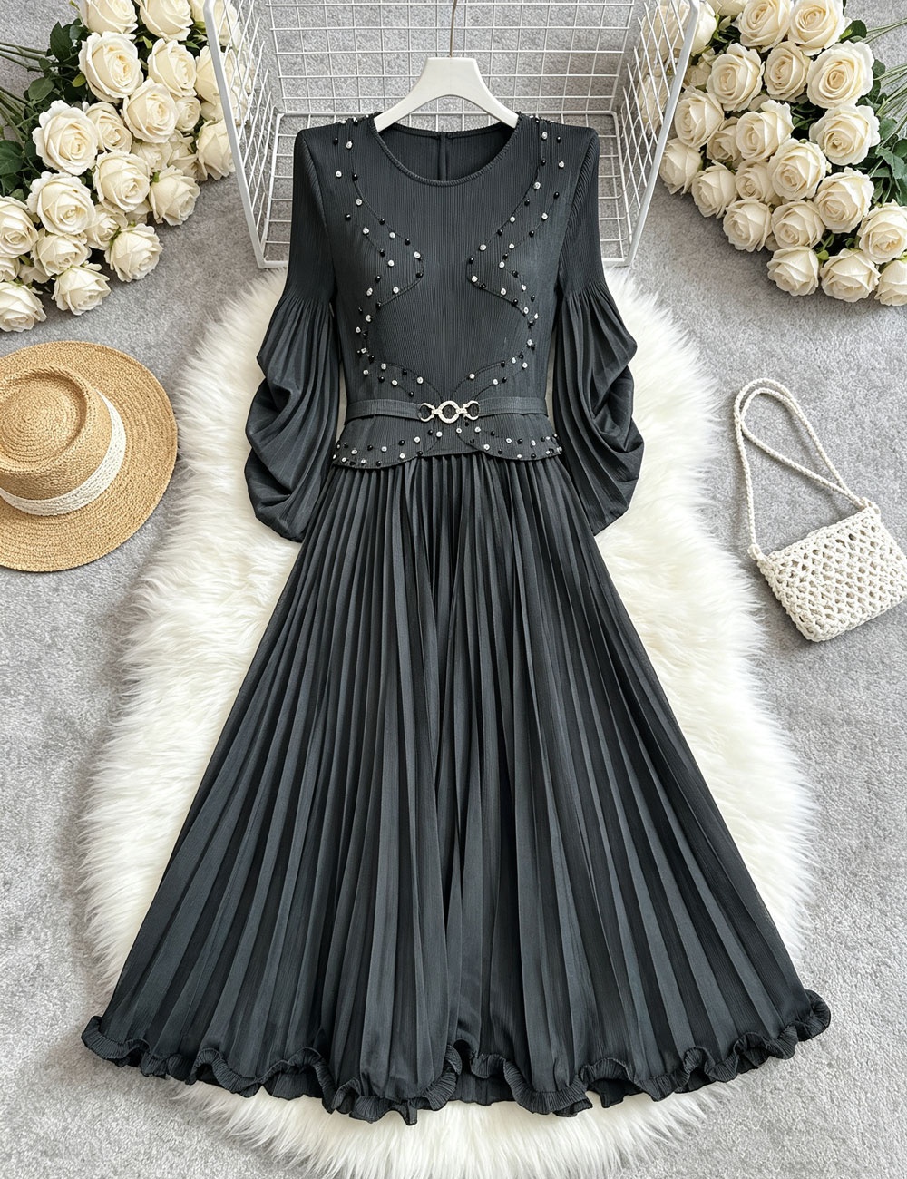 Beading wood ear large yard dress for women