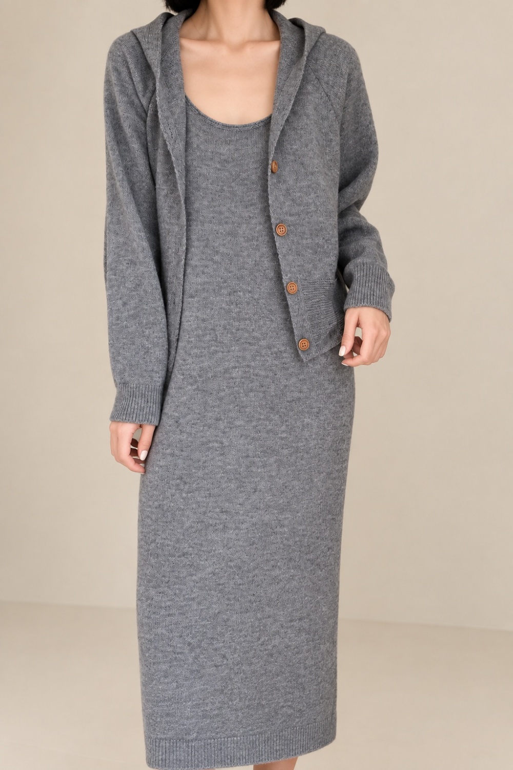 Knitted hooded fashion Korean style dress 2pcs set