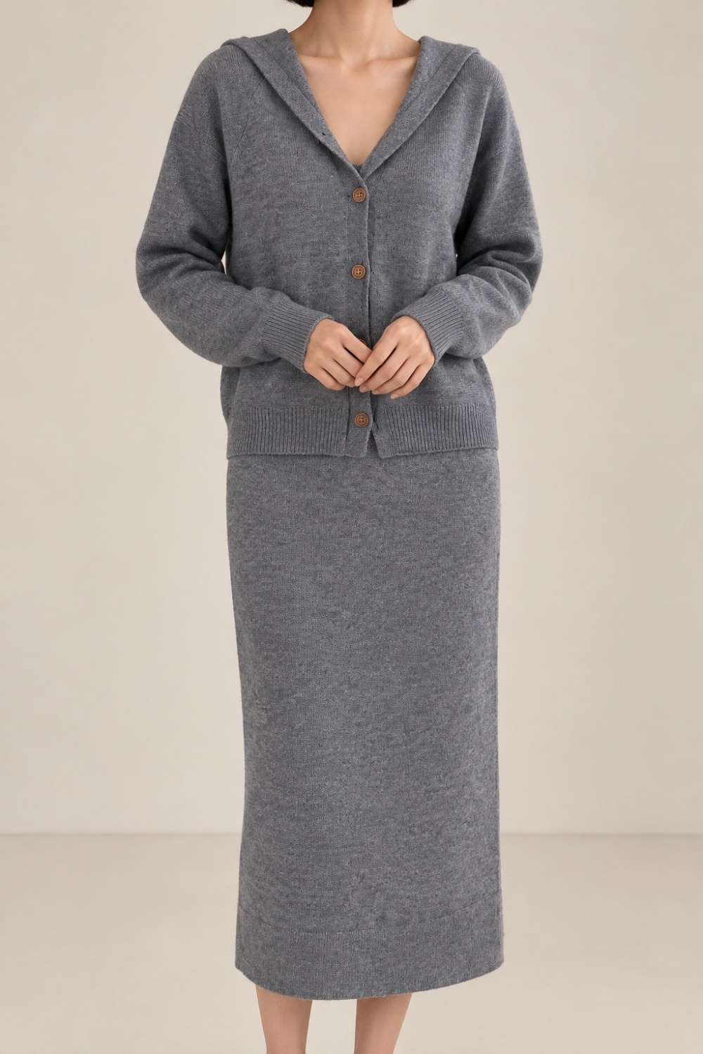 Knitted hooded fashion Korean style dress 2pcs set - Image 3