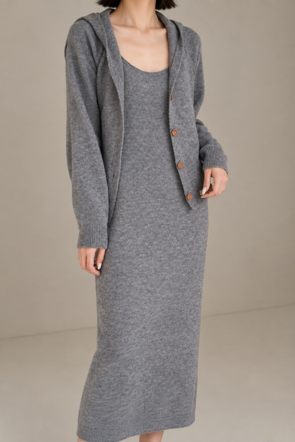 Knitted hooded fashion Korean style dress 2pcs set - Image 4