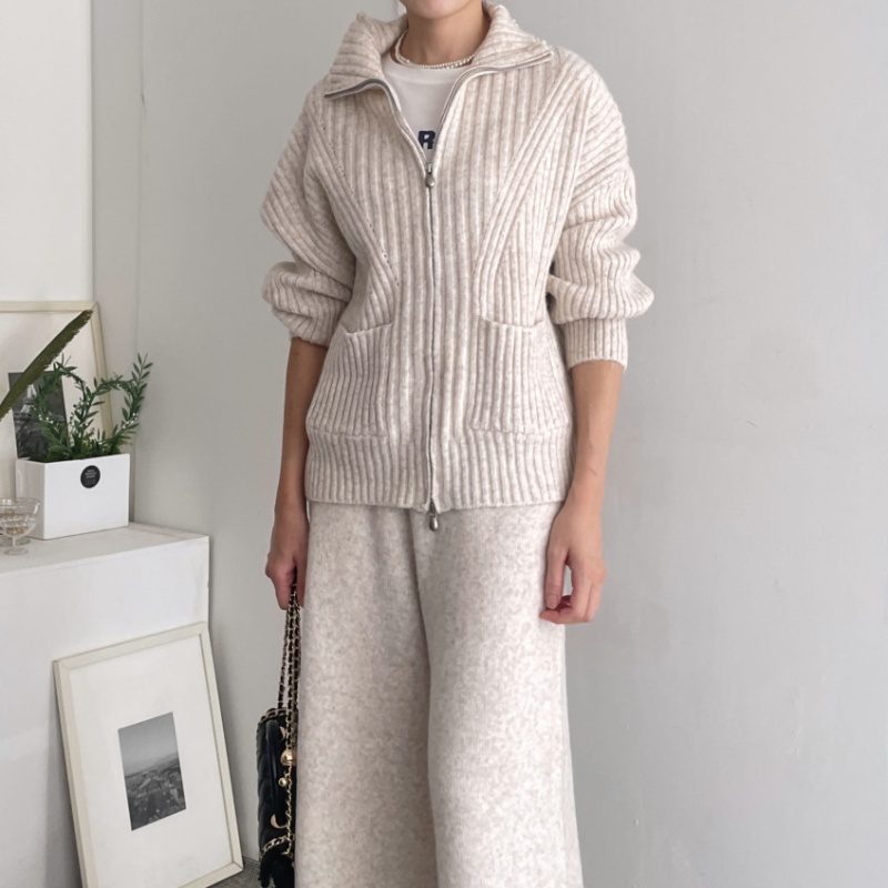 Korean style pocket knitted wide leg pants 2pcs set