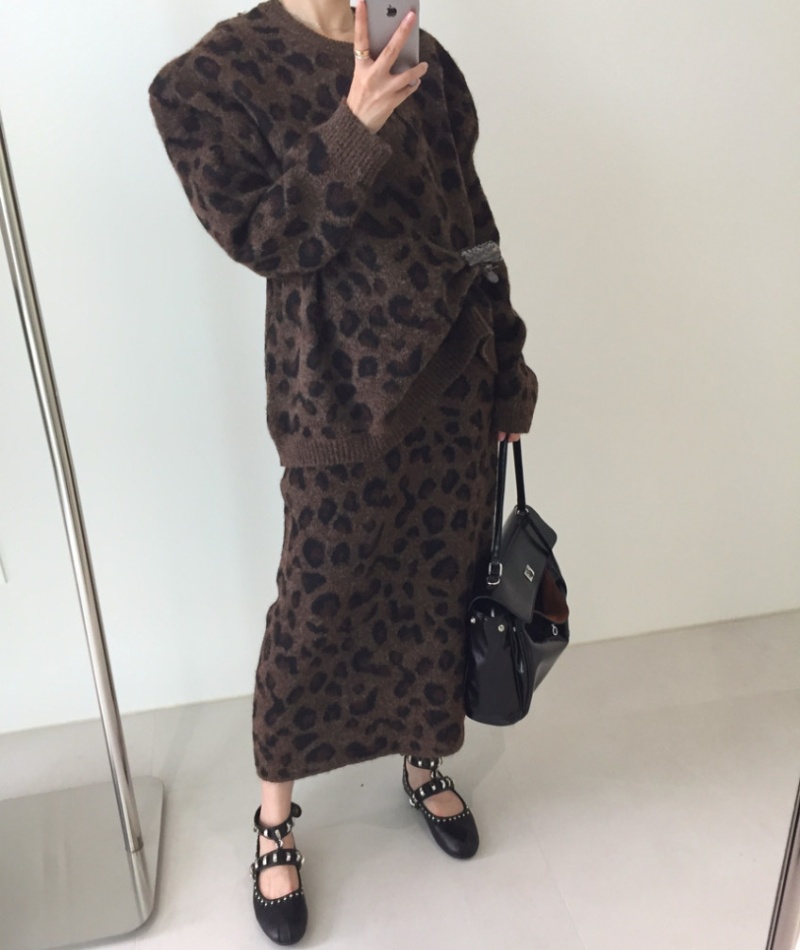 Korean style skirt leopard sweater 2pcs set - Image 5