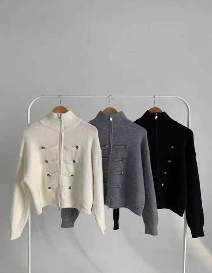Double zip thick sweater cstand collar long sleeve coat