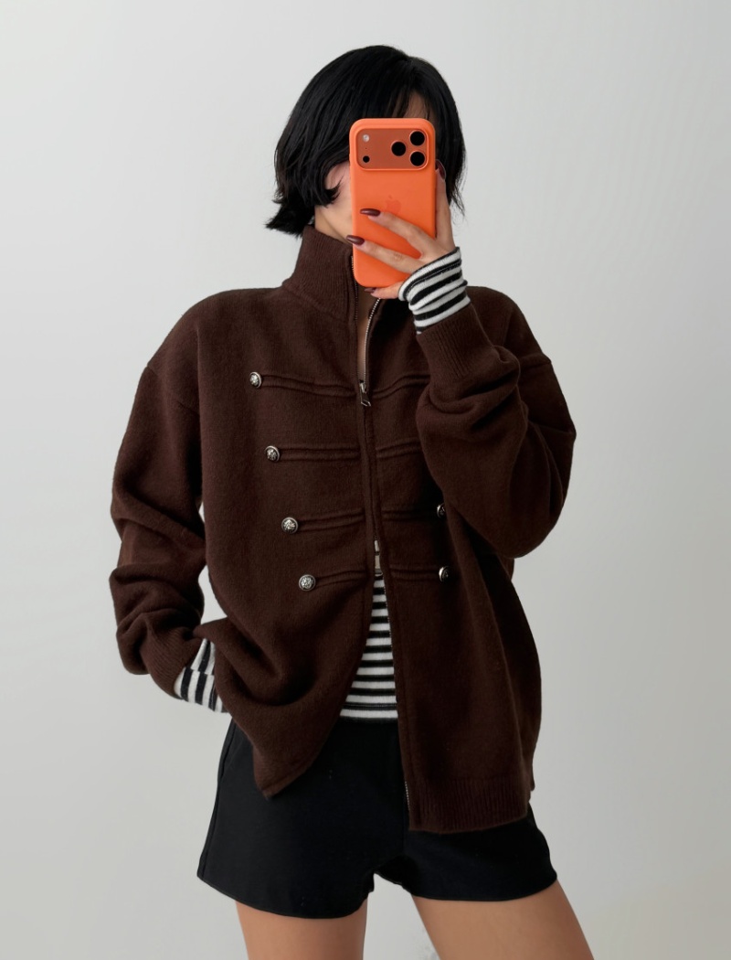 Double zip thick sweater cstand collar long sleeve coat - Image 4
