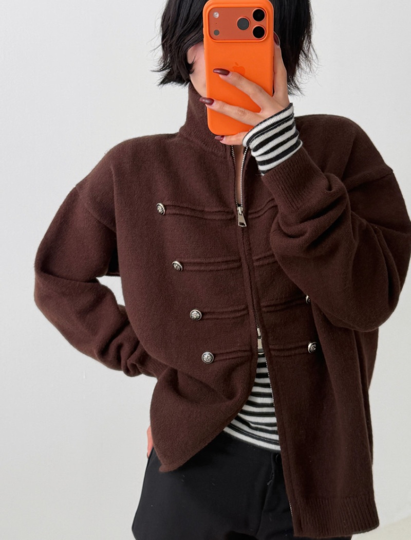 Double zip thick sweater cstand collar long sleeve coat - Image 5