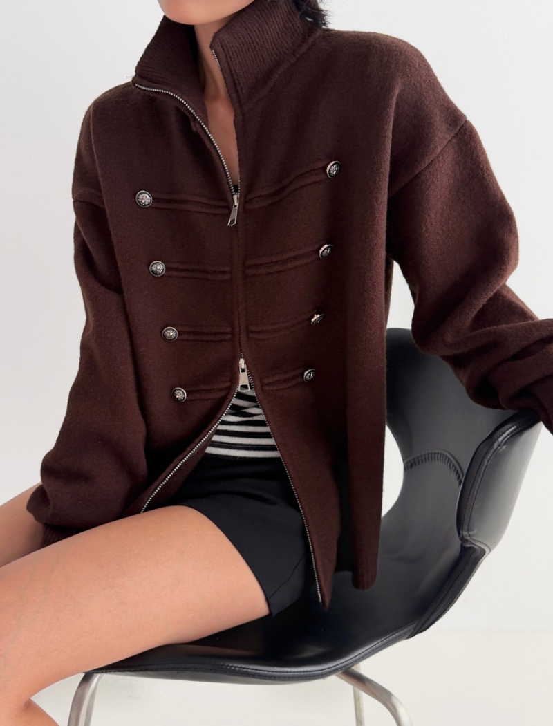 Double zip thick sweater cstand collar long sleeve coat - Image 6