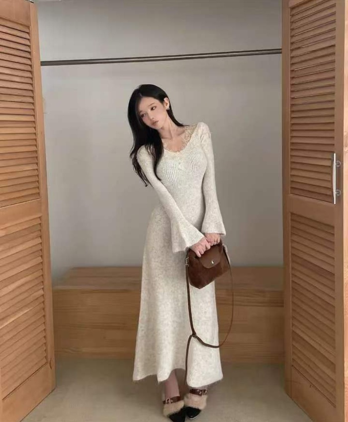 Tender Korean style wool all-match lace embroidery dress