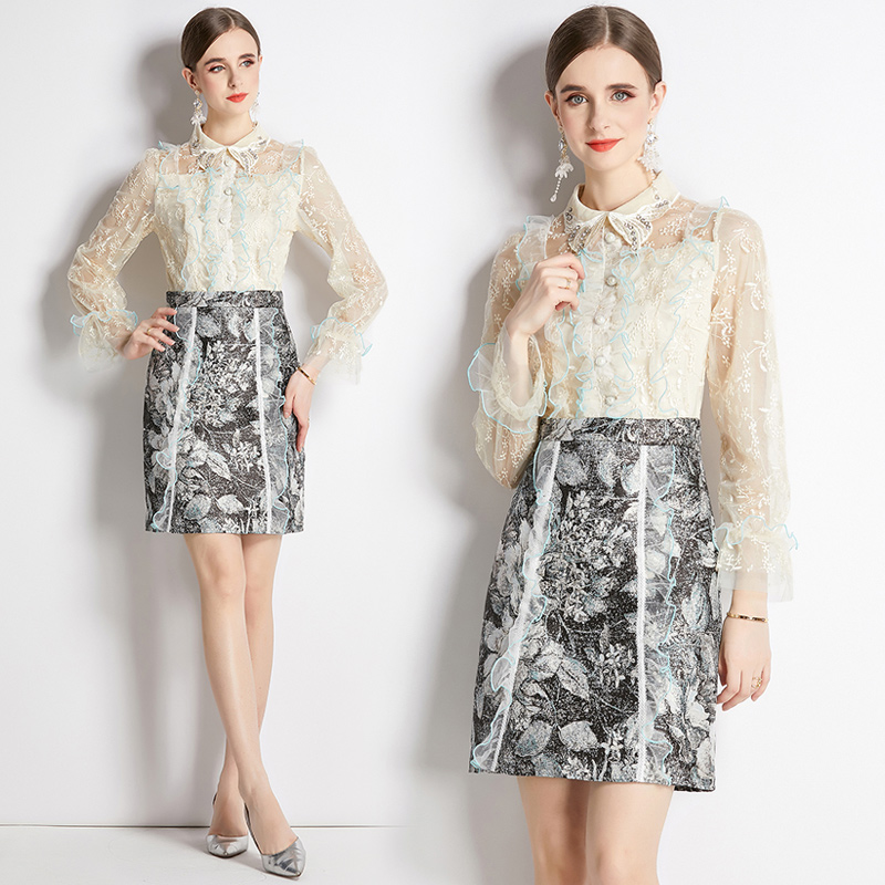 Slim embroidery gold line pullover gauze long sleeve dress