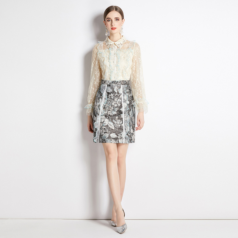Slim embroidery gold line pullover gauze long sleeve dress - Image 2