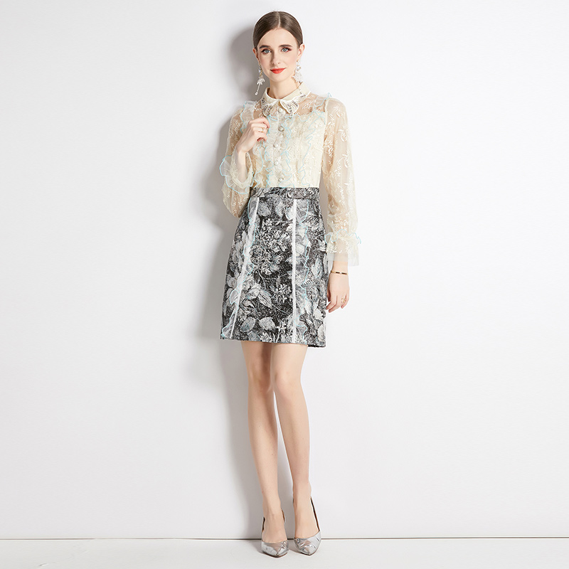 Slim embroidery gold line pullover gauze long sleeve dress - Image 3