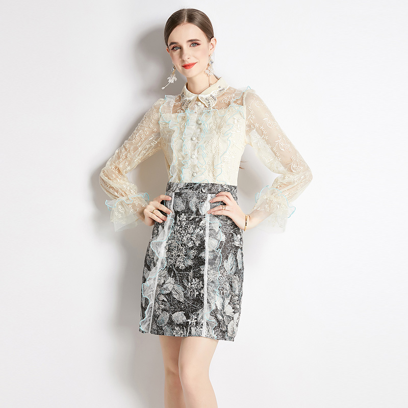 Slim embroidery gold line pullover gauze long sleeve dress - Image 4