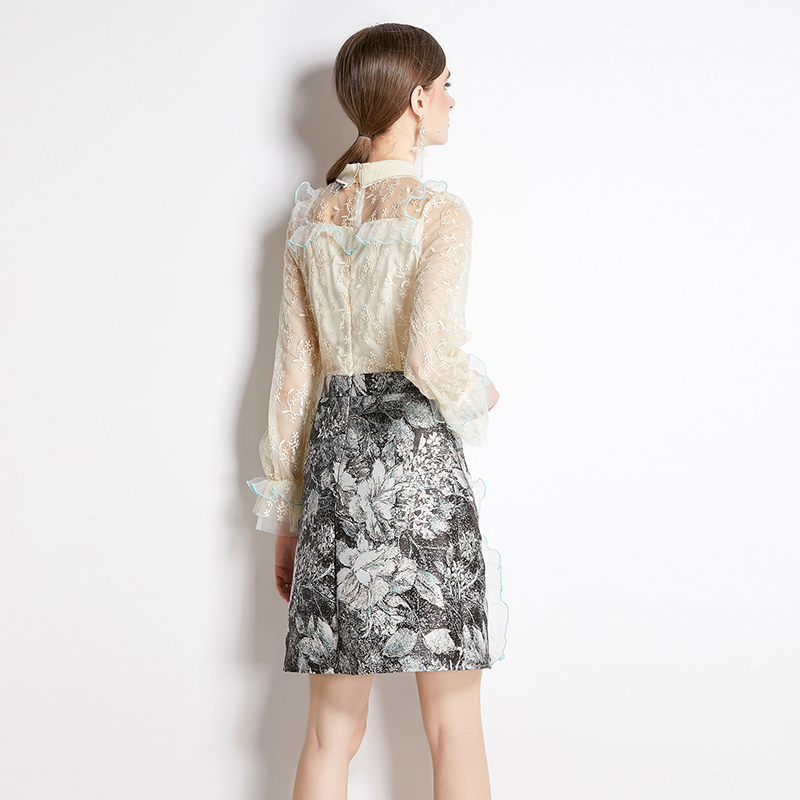 Slim embroidery gold line pullover gauze long sleeve dress - Image 5