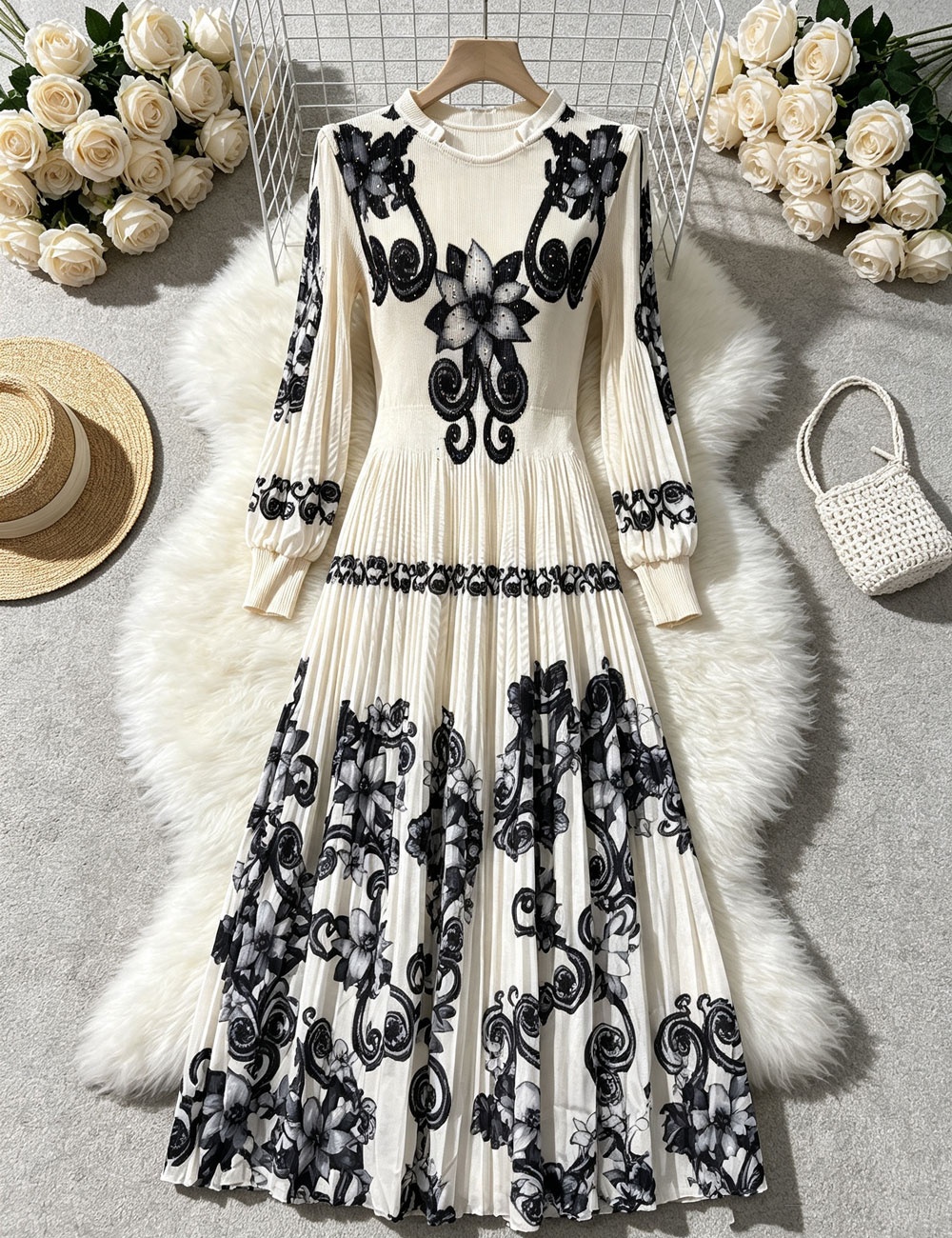 European style printing long dress pinched waist dress