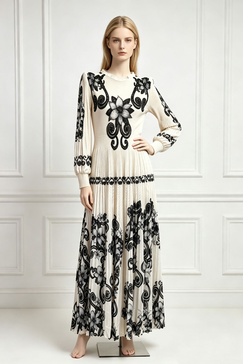European style printing long dress pinched waist dress - Image 2