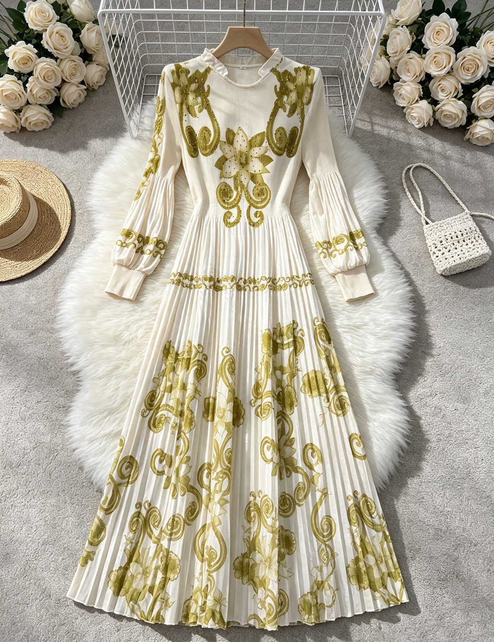 European style printing long dress pinched waist dress - Image 3