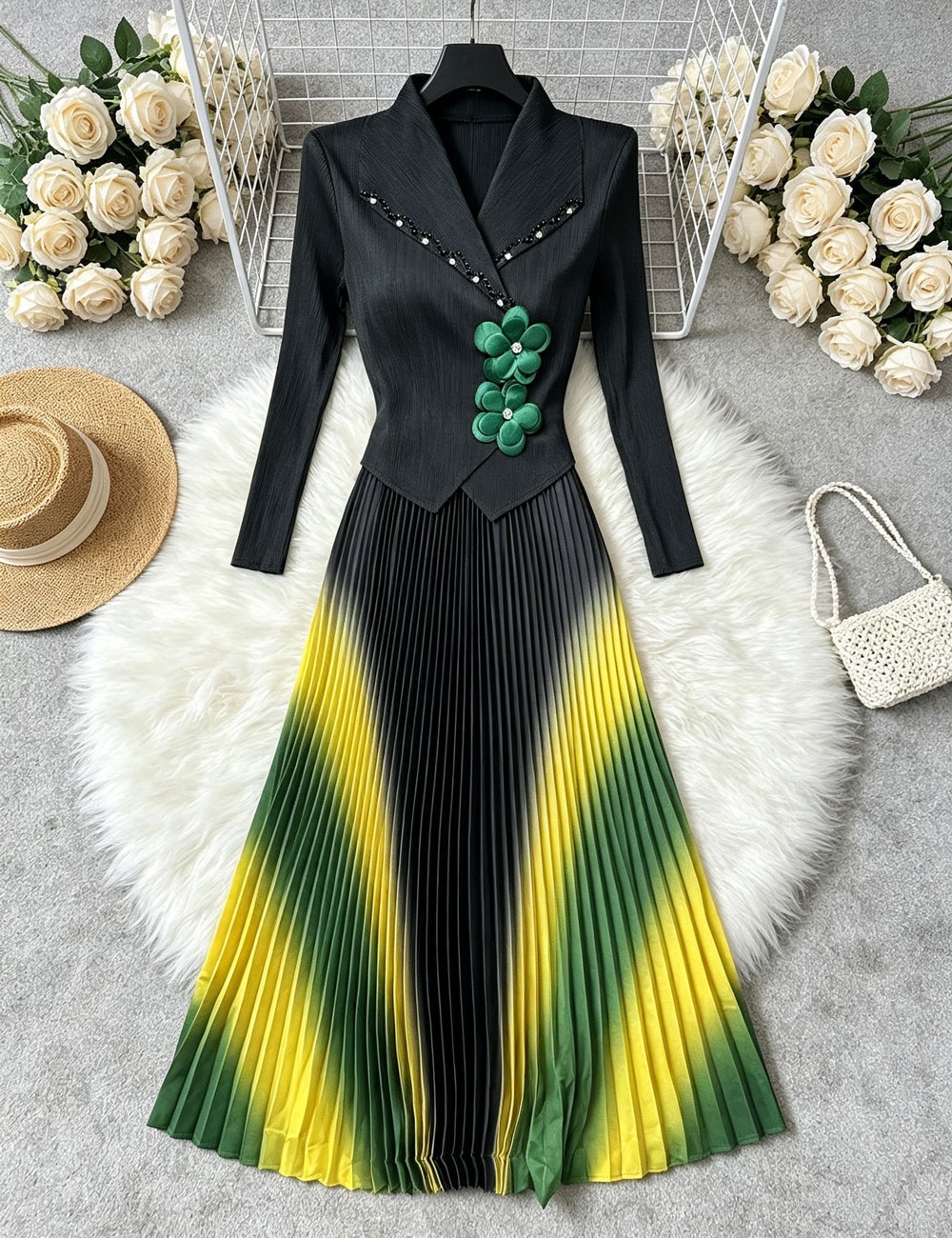 Pleated colors dress gradient printing business suit