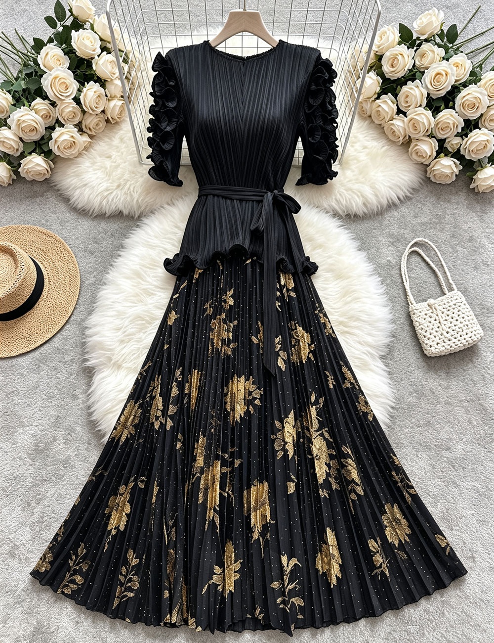 Pinched waist loose tops fold skirt 2pcs set