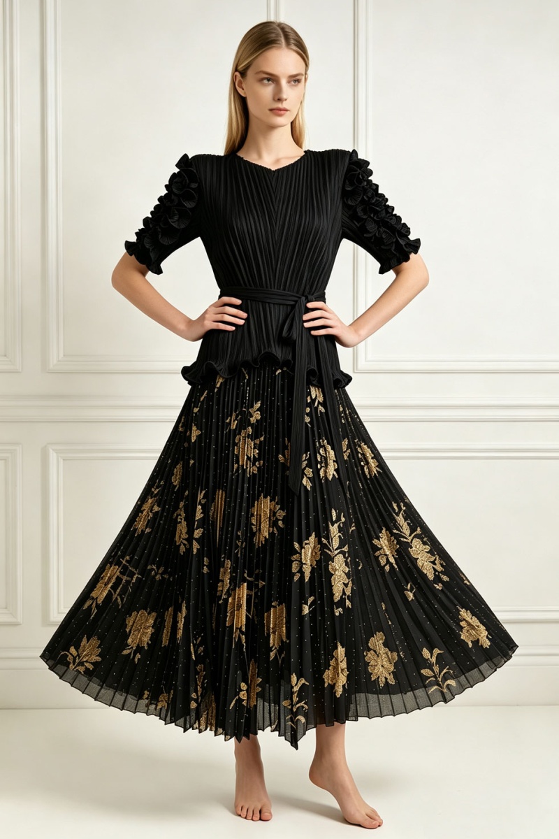 Pinched waist loose tops fold skirt 2pcs set - Image 2
